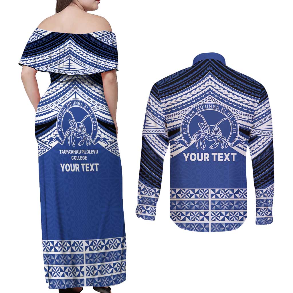 Personalised Tonga Taufa'ahau Pilolevu College Couples Matching Off Shoulder Maxi Dress and Long Sleeve Button Shirt Polynesian Ngatu Tribal
