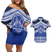 Personalised Tonga Taufa'ahau Pilolevu College Couples Matching Off Shoulder Short Dress and Hawaiian Shirt Polynesian Ngatu Tribal