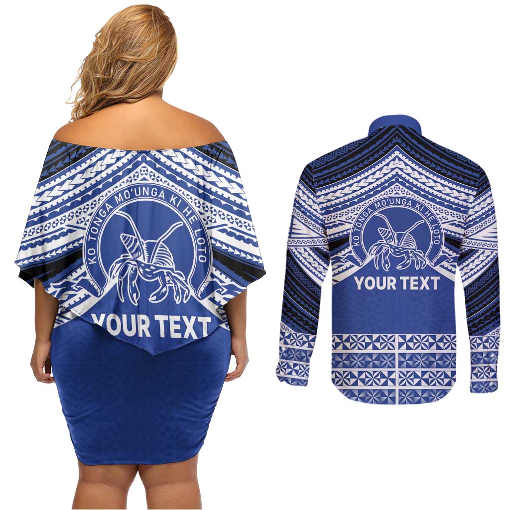 Personalised Tonga Taufa'ahau Pilolevu College Couples Matching Off Shoulder Short Dress and Long Sleeve Button Shirt Polynesian Ngatu Tribal
