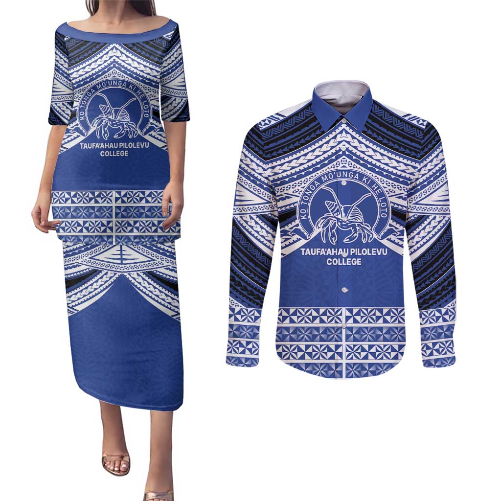 Personalised Tonga Taufa'ahau Pilolevu College Couples Matching Puletasi and Long Sleeve Button Shirt Polynesian Ngatu Tribal