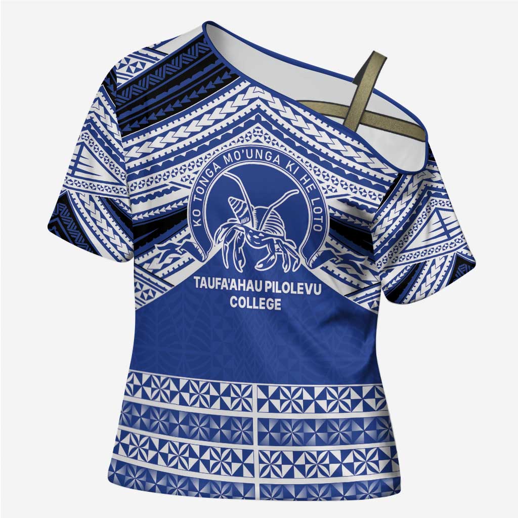 Personalised Tonga Taufa'ahau Pilolevu College Cross Shoulder Shirt Polynesian Ngatu Tribal - Polynesian Pride