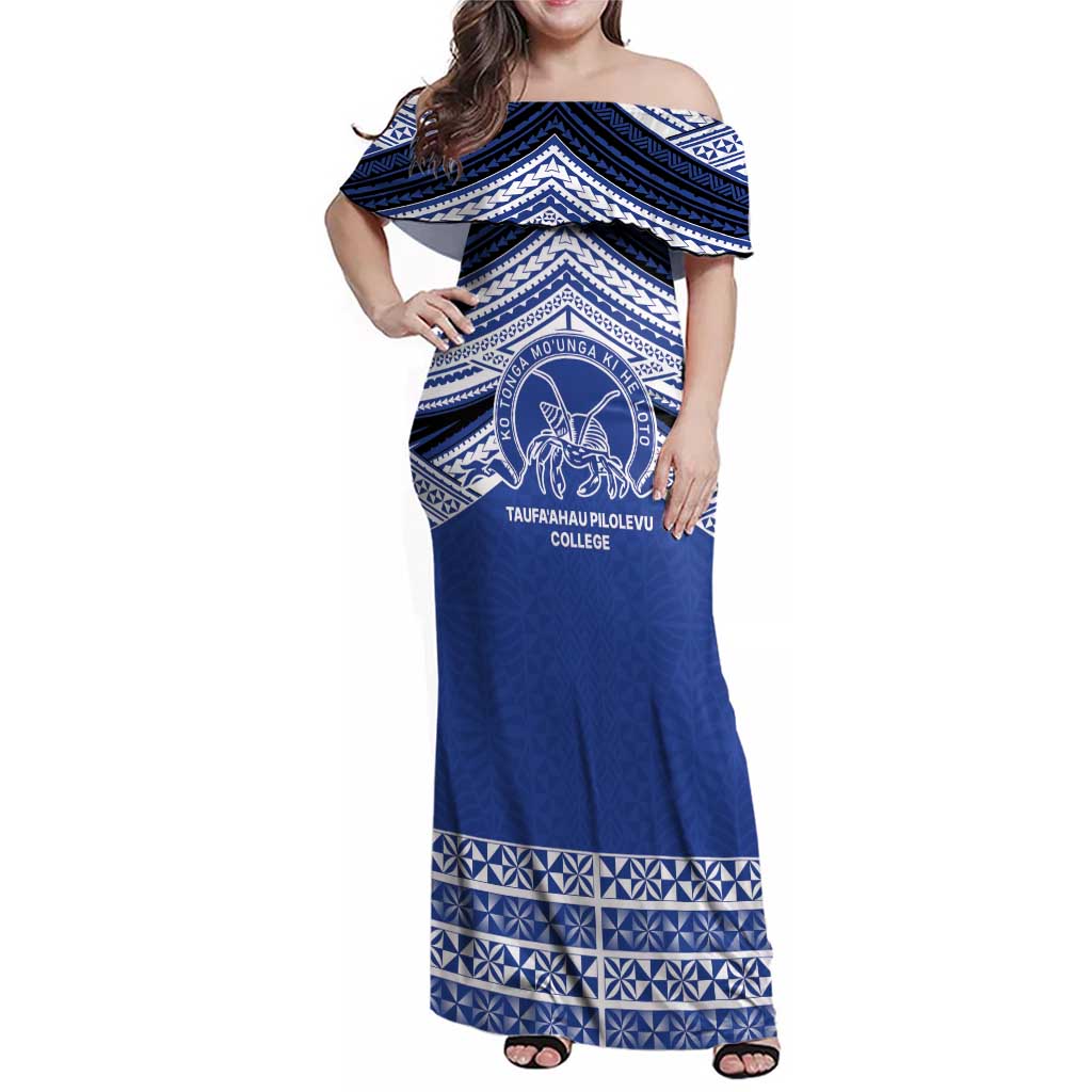 Personalised Tonga Taufa'ahau Pilolevu College Family Matching Off Shoulder Maxi Dress and Hawaiian Shirt Polynesian Ngatu Tribal