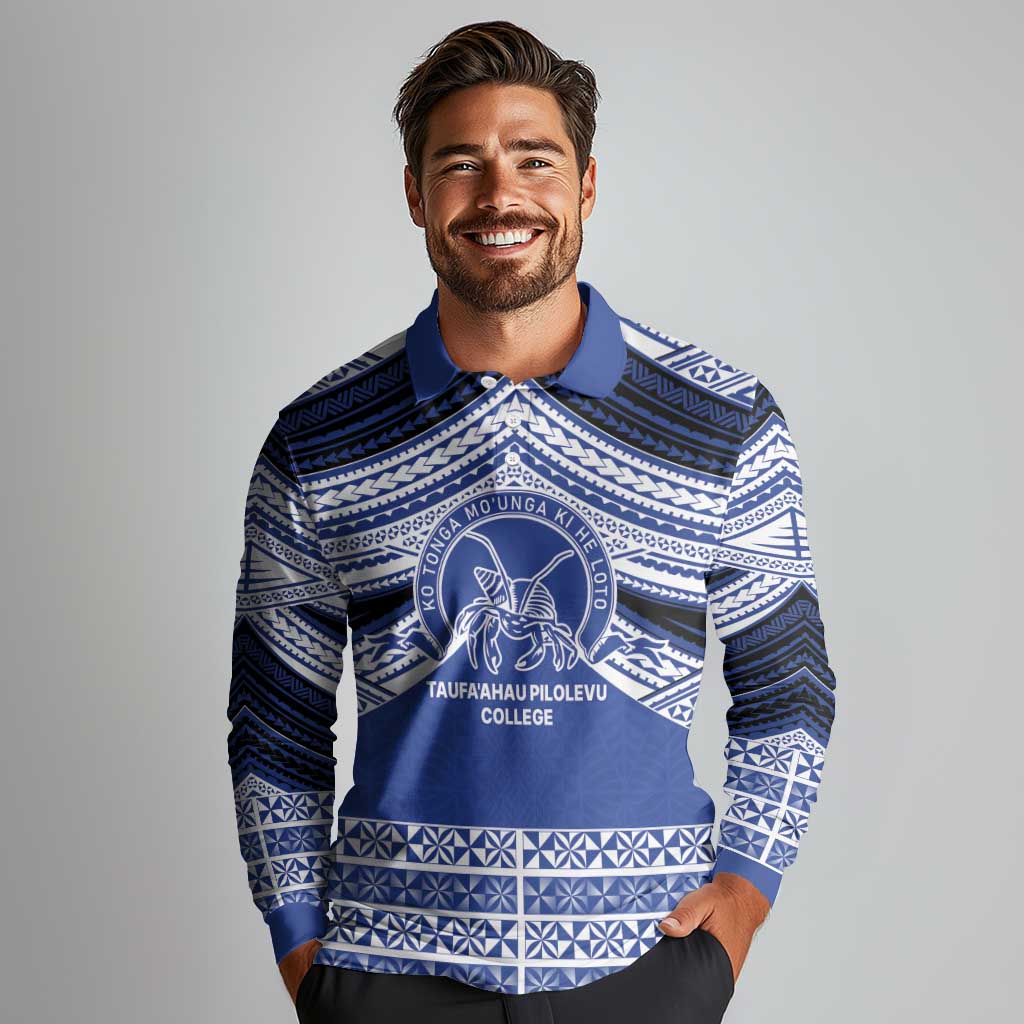 Personalised Tonga Taufa'ahau Pilolevu College Long Sleeve Polo Shirt Polynesian Ngatu Tribal