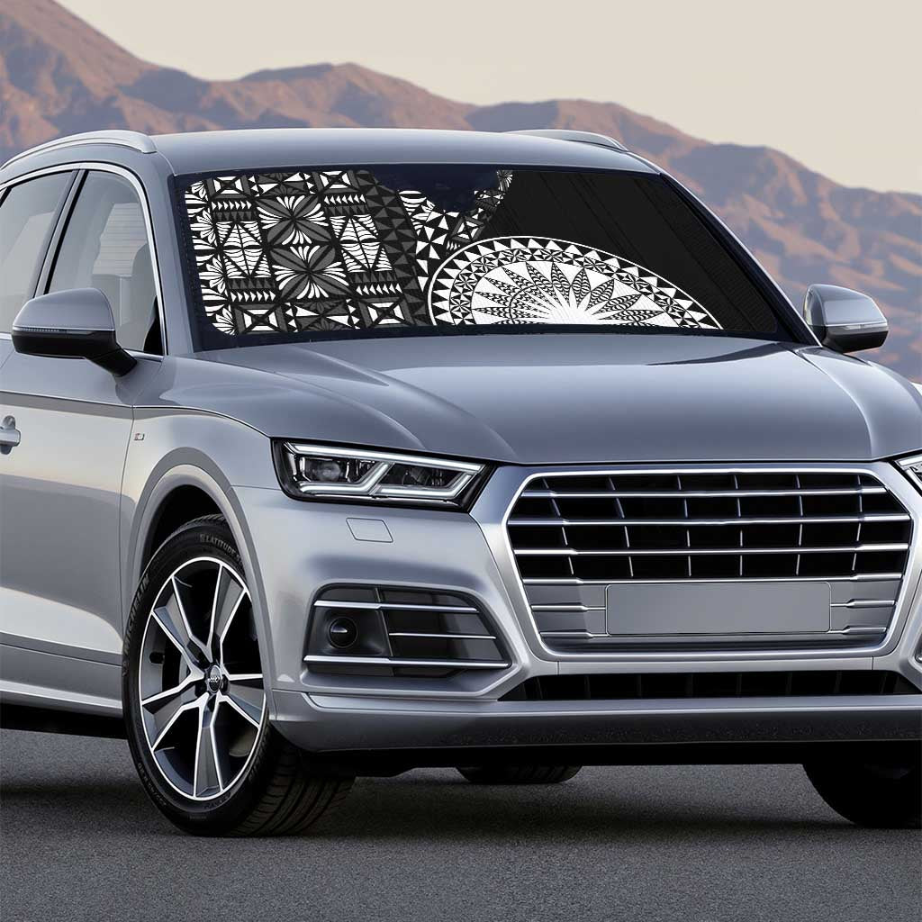 Black Tongan Ngatu Fonulei Pattern Auto Sun Shade - Polynesian Pride