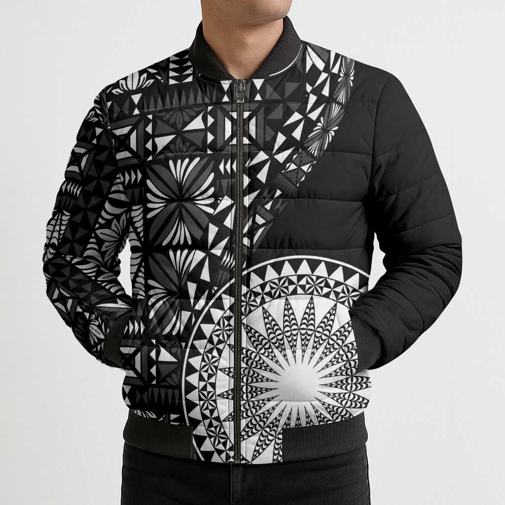 Black Tongan Ngatu Fonulei Pattern Bomber Puffer Jacket - Polynesian Pride