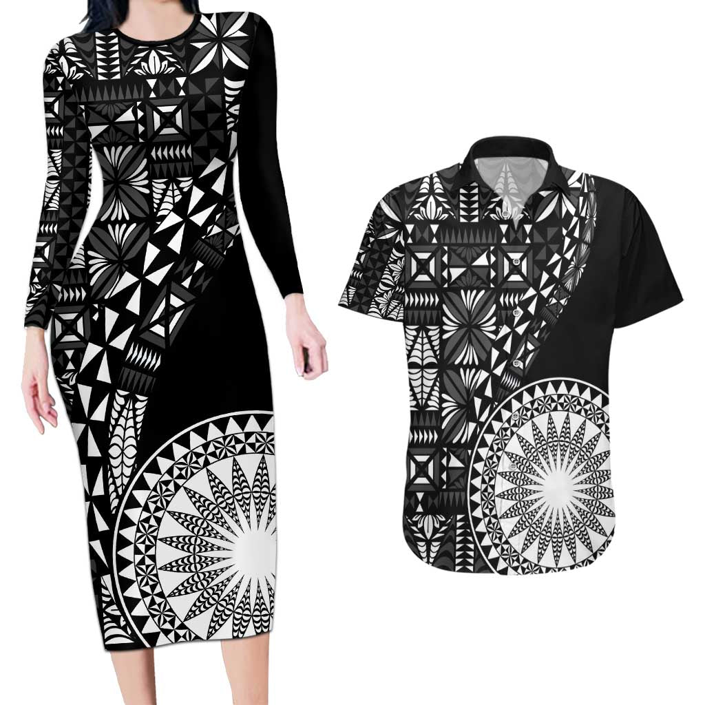 Black Tongan Ngatu Fonulei Pattern Couples Matching Long Sleeve Bodycon Dress and Hawaiian Shirt LT9 Black - Polynesian Pride