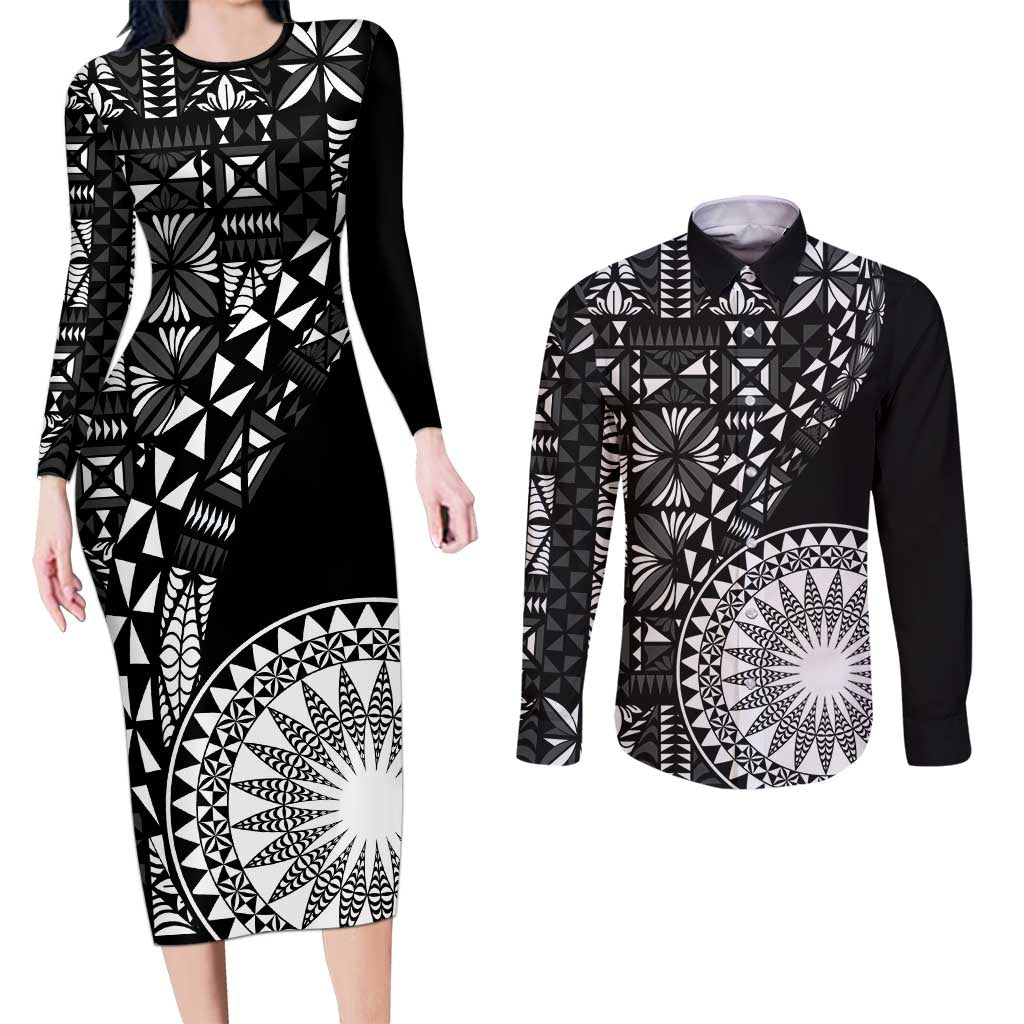 Black Tongan Ngatu Fonulei Pattern Couples Matching Long Sleeve Bodycon Dress and Long Sleeve Button Shirt LT9 Black - Polynesian Pride