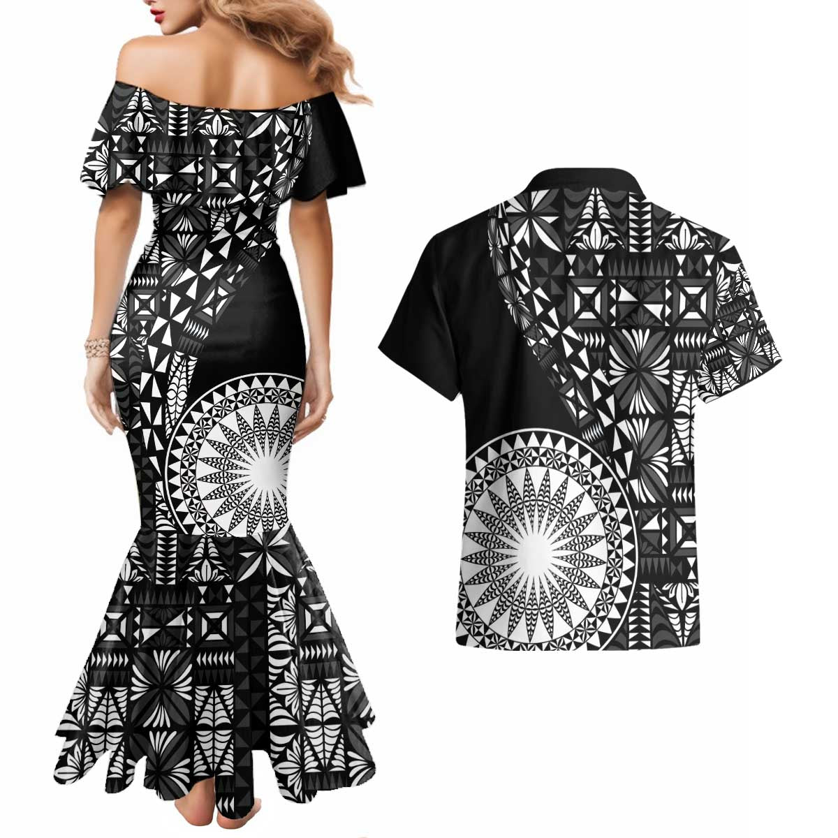 Black Tongan Ngatu Fonulei Pattern Couples Matching Mermaid Dress and Hawaiian Shirt