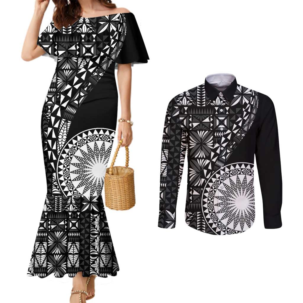Black Tongan Ngatu Fonulei Pattern Couples Matching Mermaid Dress and Long Sleeve Button Shirt LT9 Black - Polynesian Pride