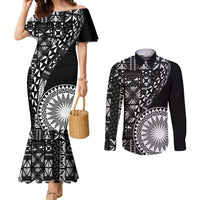 Black Tongan Ngatu Fonulei Pattern Couples Matching Mermaid Dress and Long Sleeve Button Shirt