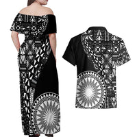 Black Tongan Ngatu Fonulei Pattern Couples Matching Off Shoulder Maxi Dress and Hawaiian Shirt