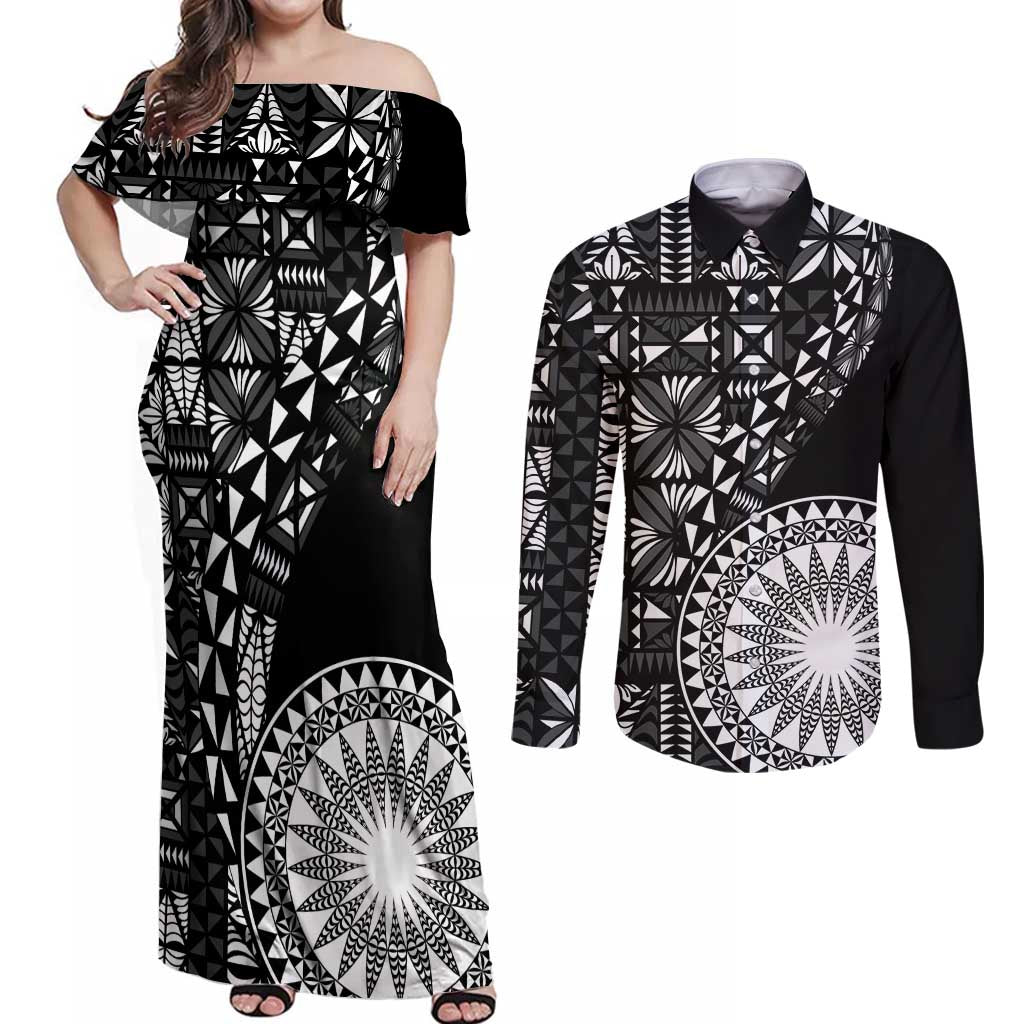 Black Tongan Ngatu Fonulei Pattern Couples Matching Off Shoulder Maxi Dress and Long Sleeve Button Shirt