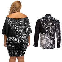 Black Tongan Ngatu Fonulei Pattern Couples Matching Off Shoulder Short Dress and Long Sleeve Button Shirt