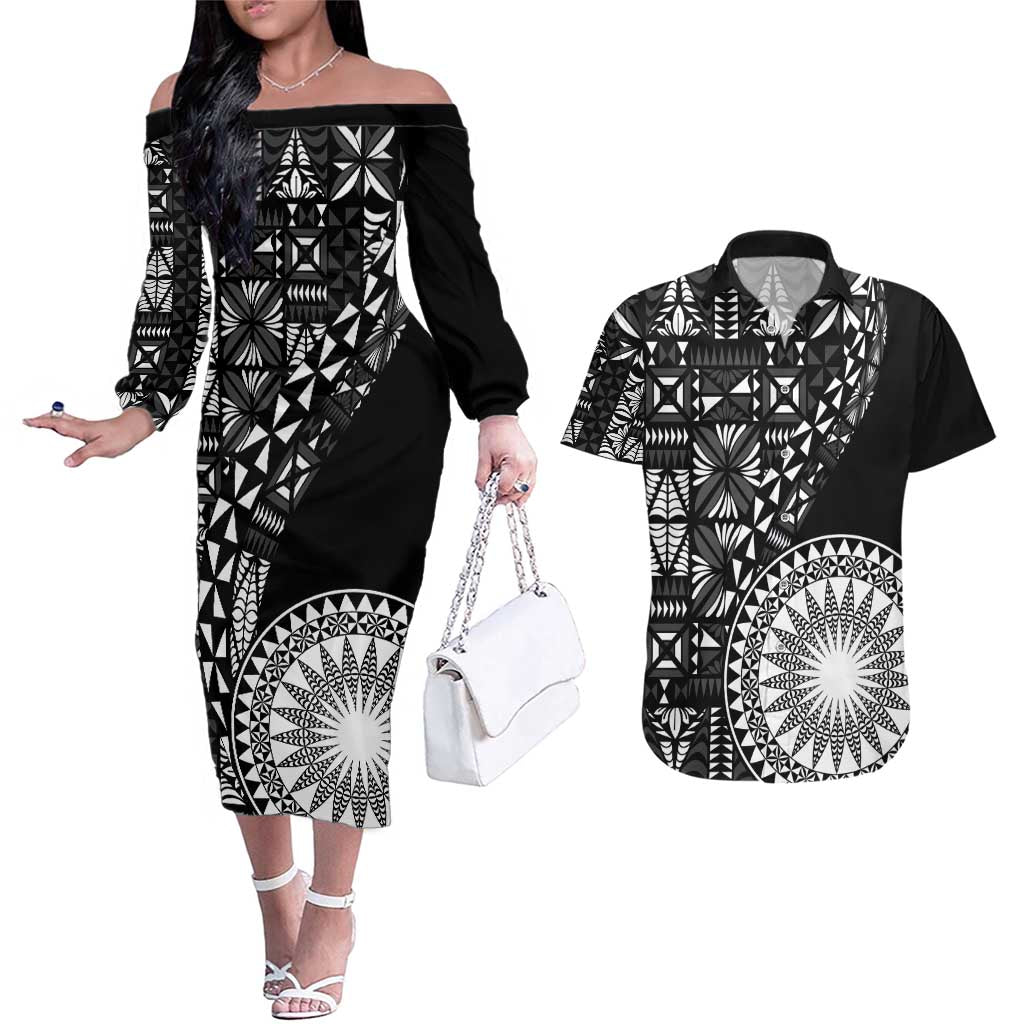 Black Tongan Ngatu Fonulei Pattern Couples Matching Off The Shoulder Long Sleeve Dress and Hawaiian Shirt LT9 Black - Polynesian Pride