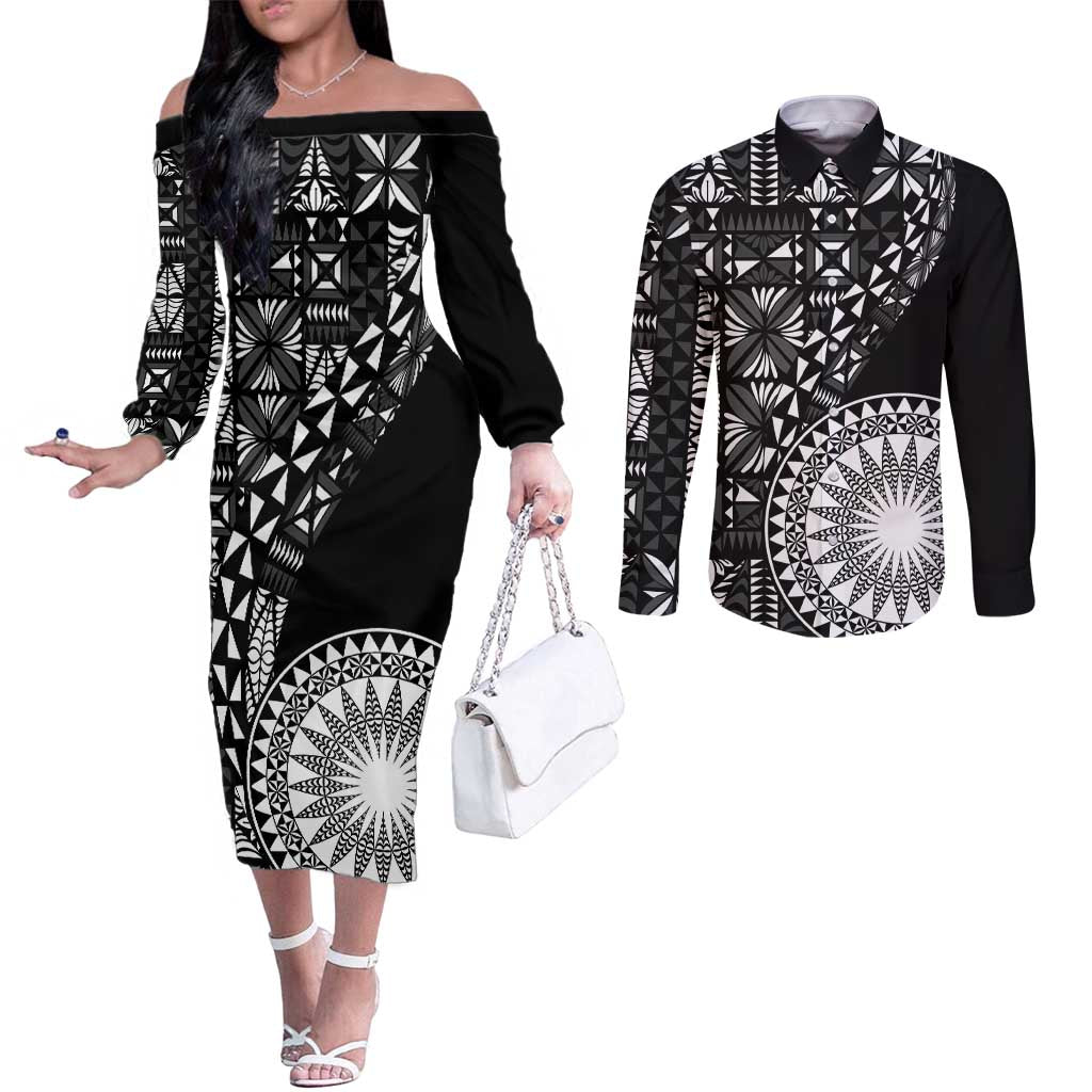 Black Tongan Ngatu Fonulei Pattern Couples Matching Off The Shoulder Long Sleeve Dress and Long Sleeve Button Shirt LT9 Black - Polynesian Pride