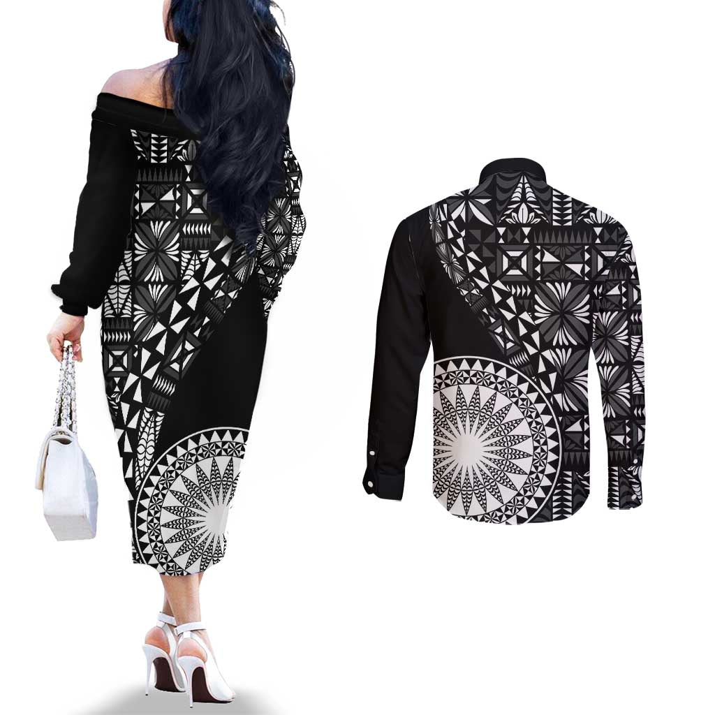 Black Tongan Ngatu Fonulei Pattern Couples Matching Off The Shoulder Long Sleeve Dress and Long Sleeve Button Shirt