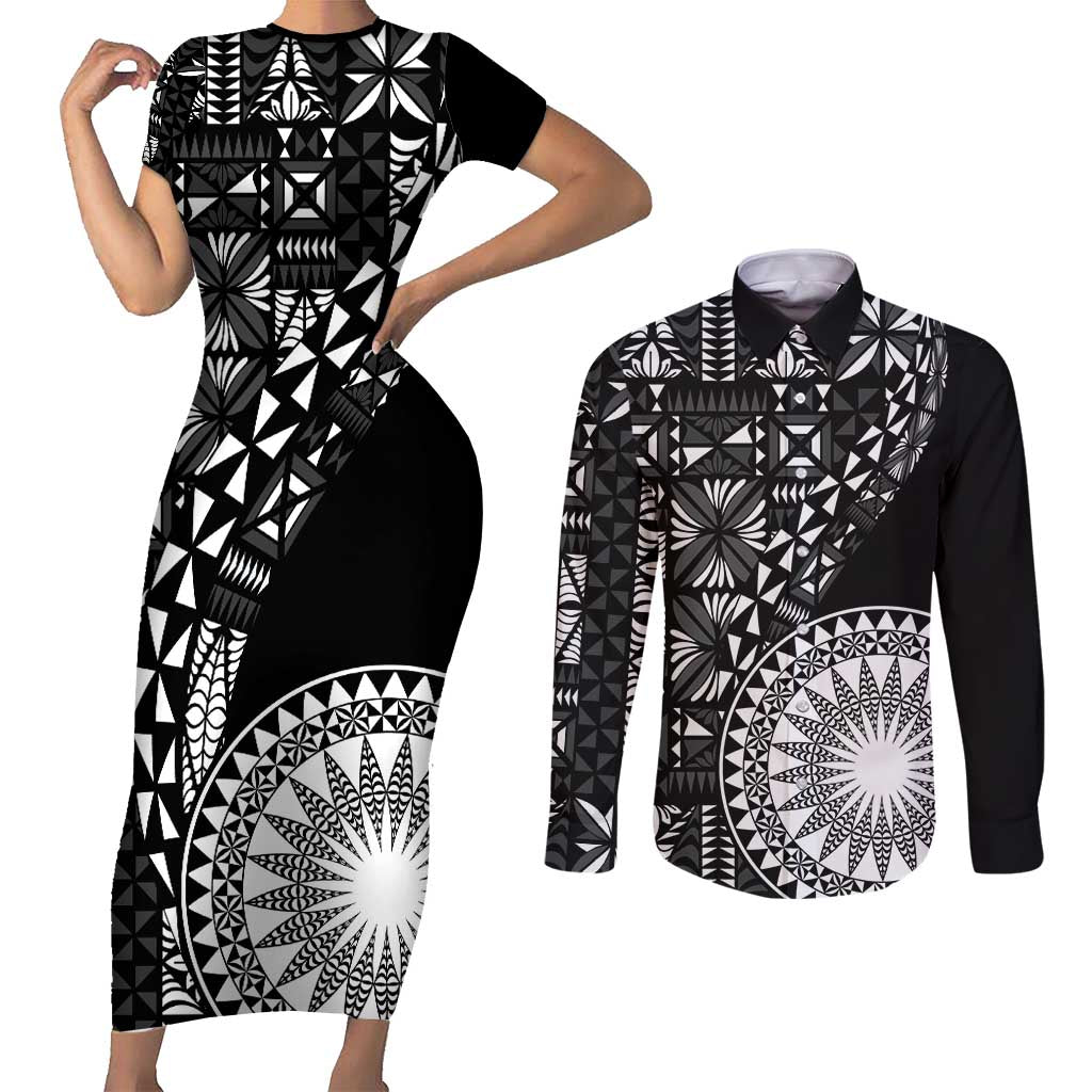 Black Tongan Ngatu Fonulei Pattern Couples Matching Short Sleeve Bodycon Dress and Long Sleeve Button Shirt LT9 Black - Polynesian Pride