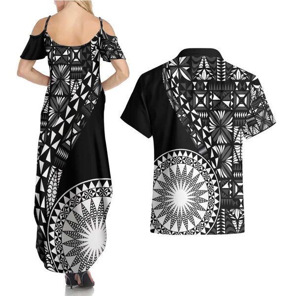 Custom Tonga Rugby Couples Matching Off Shoulder Maxi Dress and Hawaiian Shirt Tongan Ngatu Pattern Black Version LT01