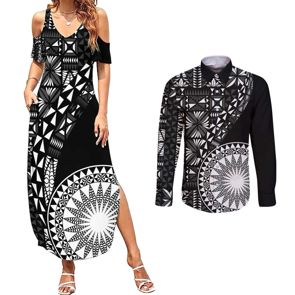 Black Tongan Ngatu Fonulei Pattern Couples Matching Summer Maxi Dress and Long Sleeve Button Shirt LT9 Black - Polynesian Pride