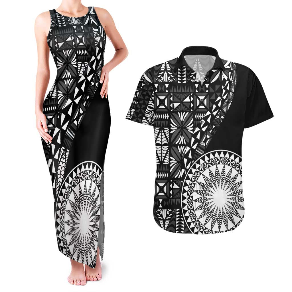 Black Tongan Ngatu Fonulei Pattern Couples Matching Tank Maxi Dress and Hawaiian Shirt LT9 Black - Polynesian Pride