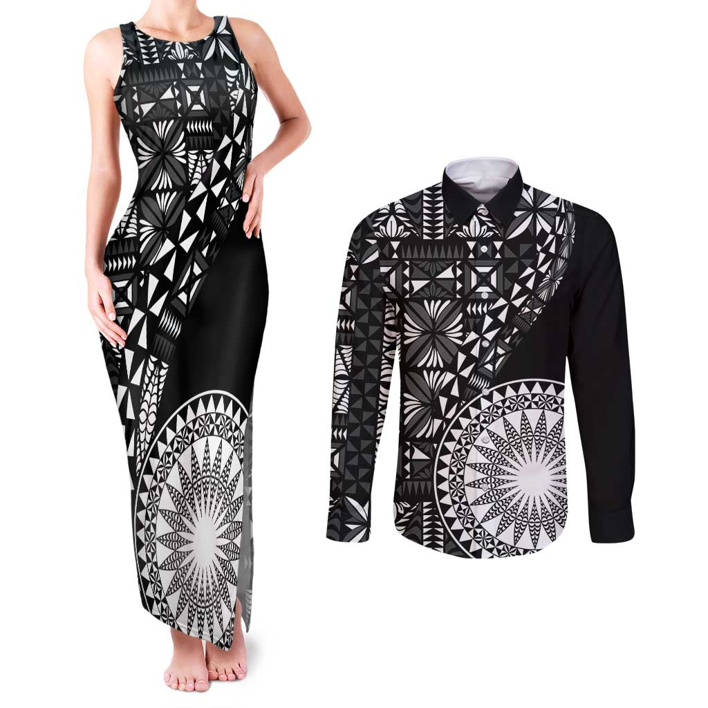 Black Tongan Ngatu Fonulei Pattern Couples Matching Tank Maxi Dress and Long Sleeve Button Shirt LT9 Black - Polynesian Pride