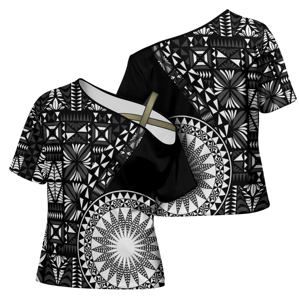 Black Tongan Ngatu Fonulei Pattern Cross Shoulder Shirt - Polynesian Pride