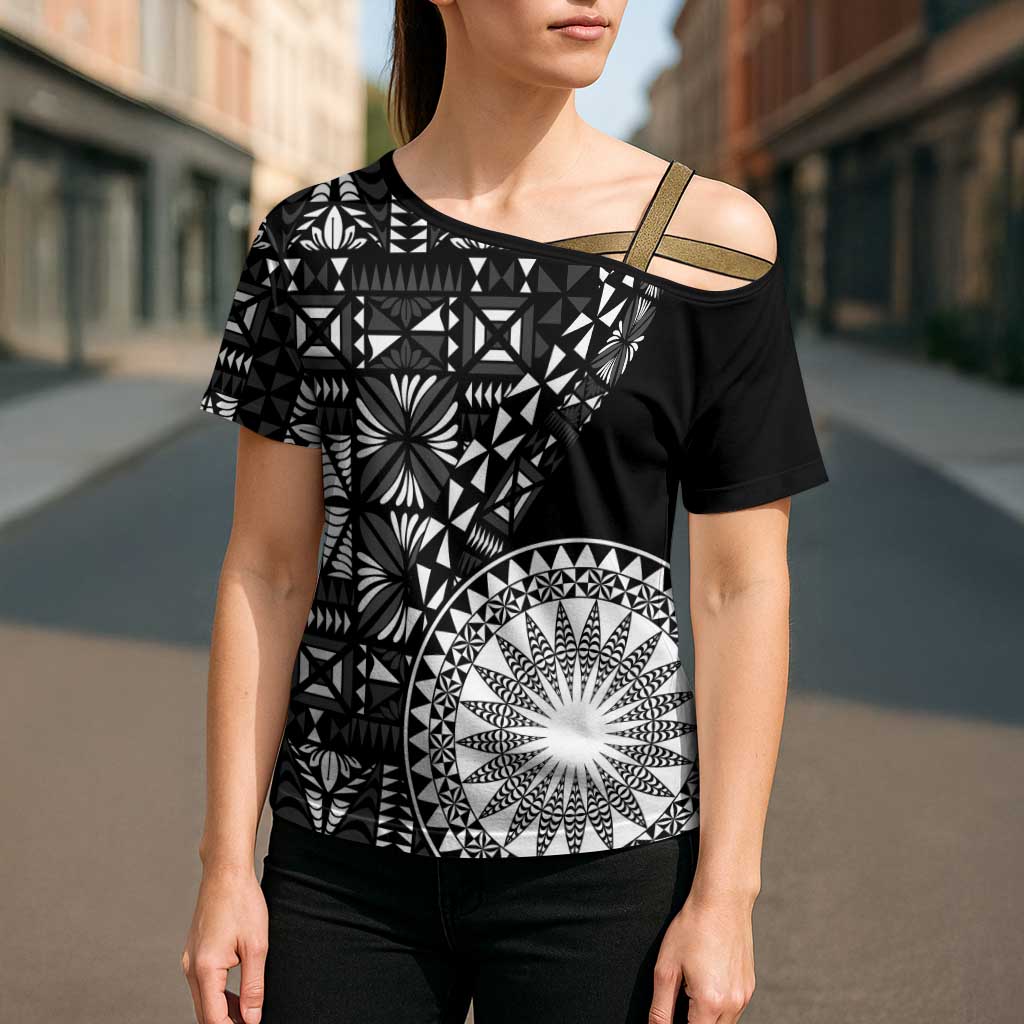 Black Tongan Ngatu Fonulei Pattern Cross Shoulder Shirt - Polynesian Pride