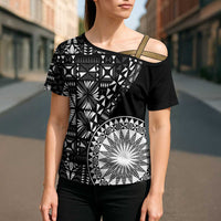 Black Tongan Ngatu Fonulei Pattern Cross Shoulder Shirt - Polynesian Pride