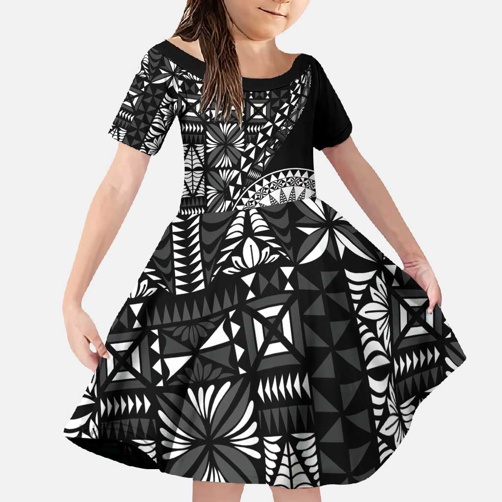 Black Tongan Ngatu Fonulei Pattern Family Matching Long Sleeve Bodycon Dress and Hawaiian Shirt