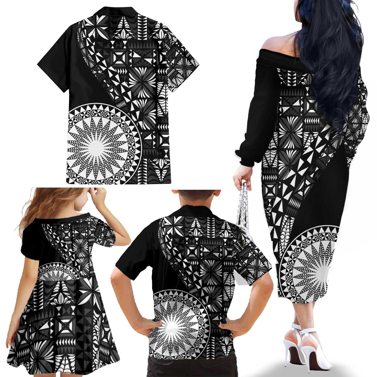 Black Tongan Ngatu Fonulei Pattern Family Matching Off The Shoulder Long Sleeve Dress and Hawaiian Shirt