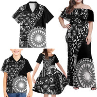 Black Tongan Ngatu Fonulei Pattern Family Matching Off Shoulder Maxi Dress and Hawaiian Shirt