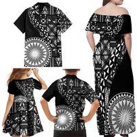 Black Tongan Ngatu Fonulei Pattern Family Matching Off Shoulder Maxi Dress and Hawaiian Shirt