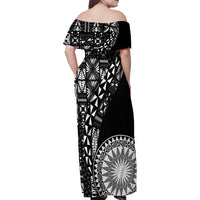 Black Tongan Ngatu Fonulei Pattern Family Matching Off Shoulder Maxi Dress and Hawaiian Shirt