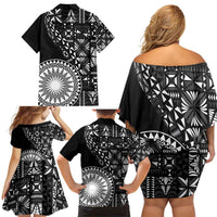 Black Tongan Ngatu Fonulei Pattern Family Matching Off Shoulder Short Dress and Hawaiian Shirt