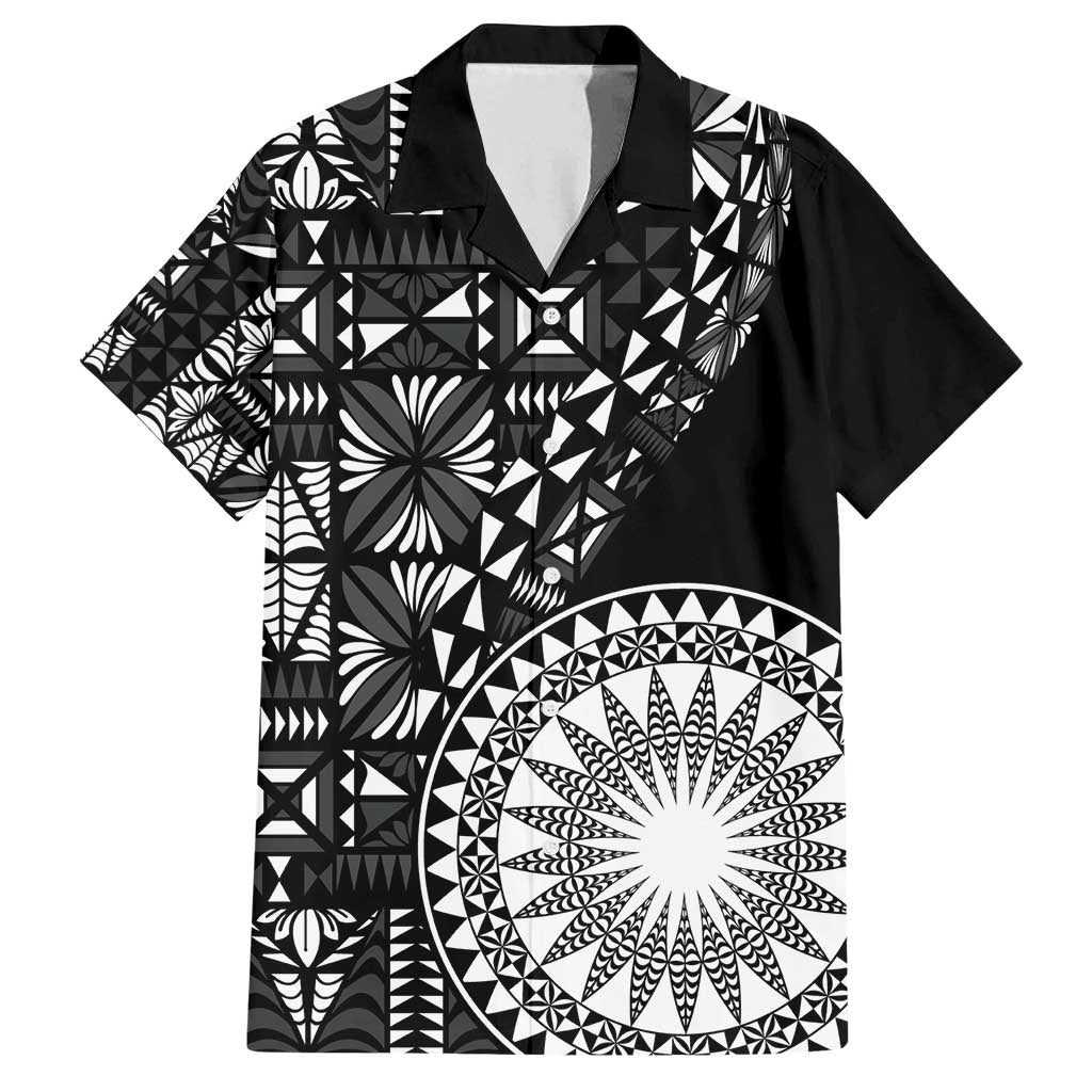 Black Tongan Ngatu Fonulei Pattern Family Matching Off Shoulder Short Dress and Hawaiian Shirt