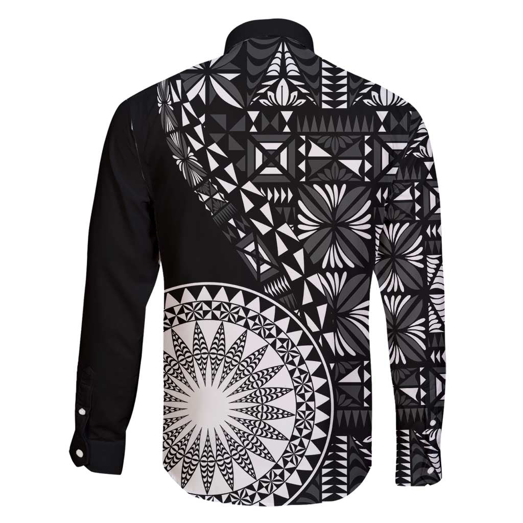 Black Tongan Ngatu Fonulei Pattern Family Matching Off Shoulder Short Dress and Hawaiian Shirt