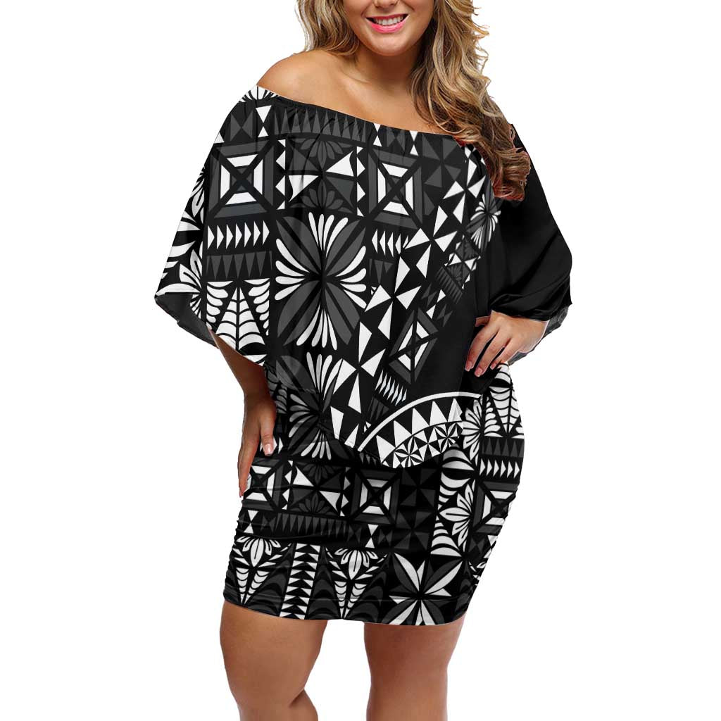 Black Tongan Ngatu Fonulei Pattern Family Matching Off Shoulder Short Dress and Hawaiian Shirt
