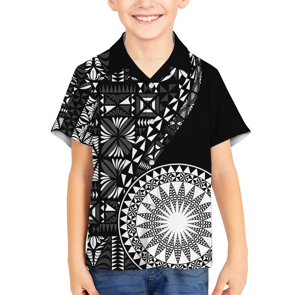 Black Tongan Ngatu Fonulei Pattern Family Matching Short Sleeve Bodycon Dress and Hawaiian Shirt