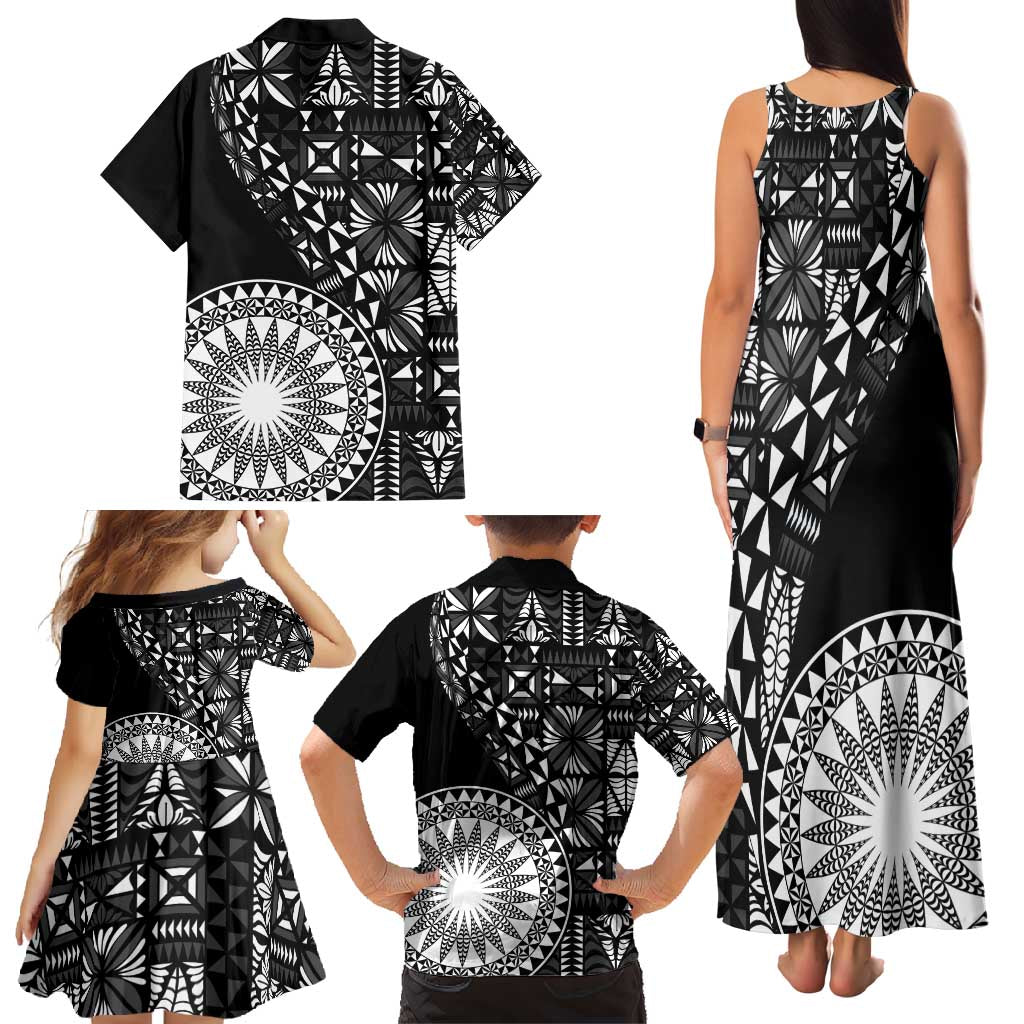 Black Tongan Ngatu Fonulei Pattern Family Matching Tank Maxi Dress and Hawaiian Shirt