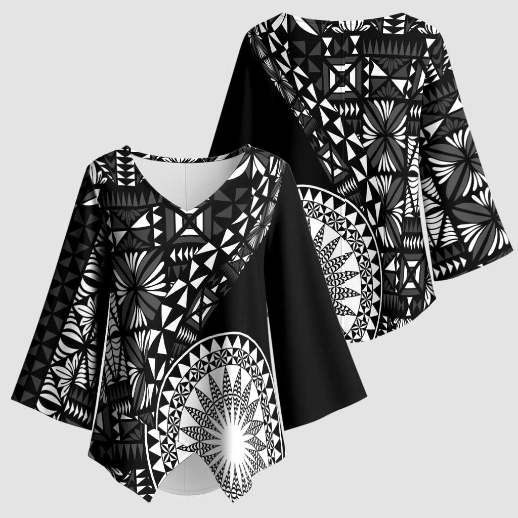 Black Tongan Ngatu Fonulei Pattern Kimono Sleeve Blouse - Polynesian Pride