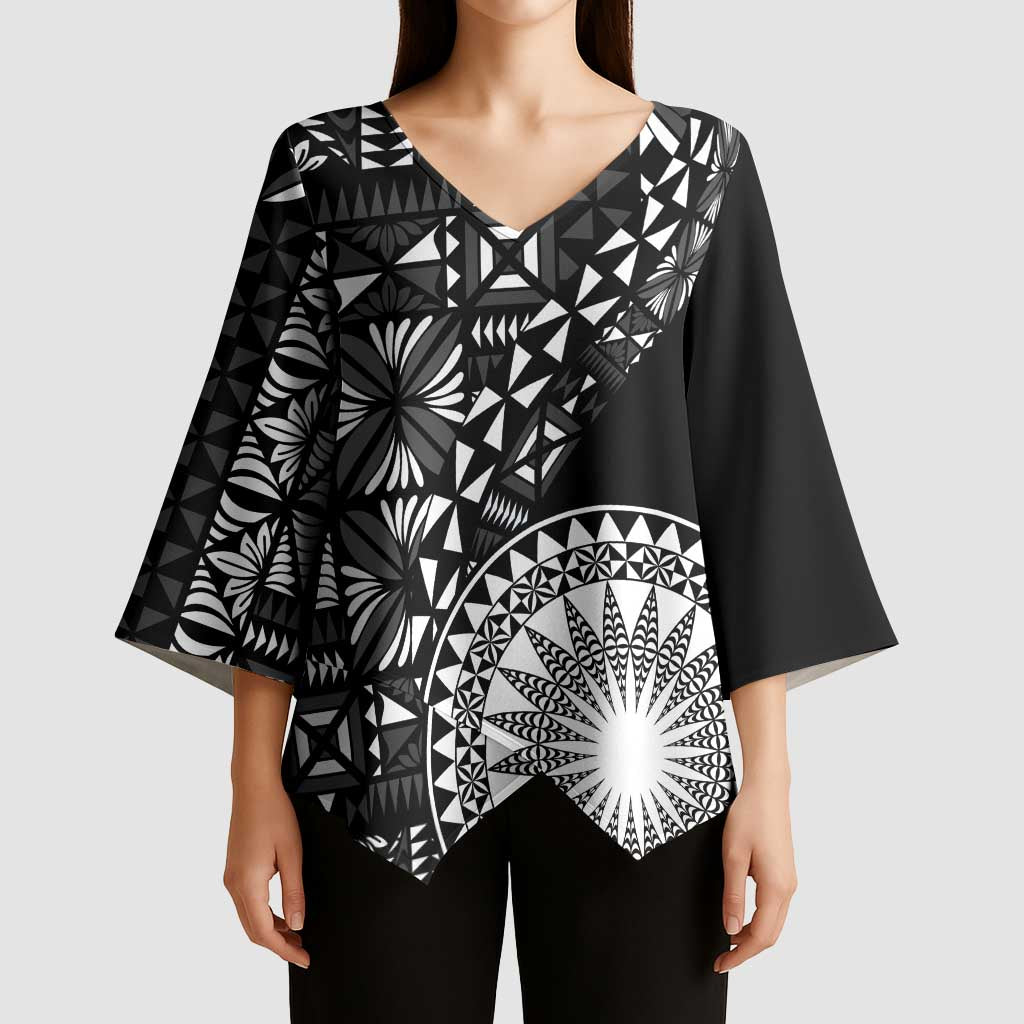 Black Tongan Ngatu Fonulei Pattern Kimono Sleeve Blouse - Polynesian Pride