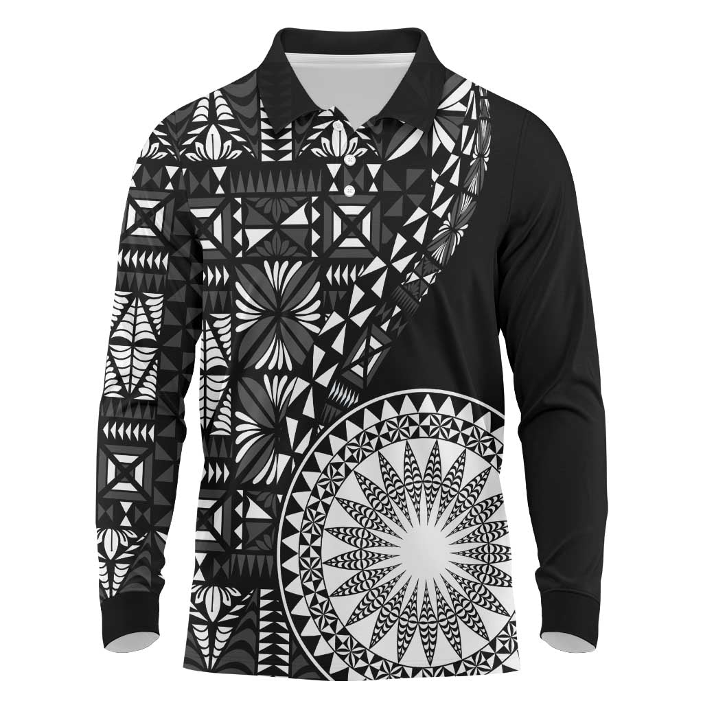 Black Tongan Ngatu Fonulei Pattern Long Sleeve Polo Shirt LT9 Black - Polynesian Pride