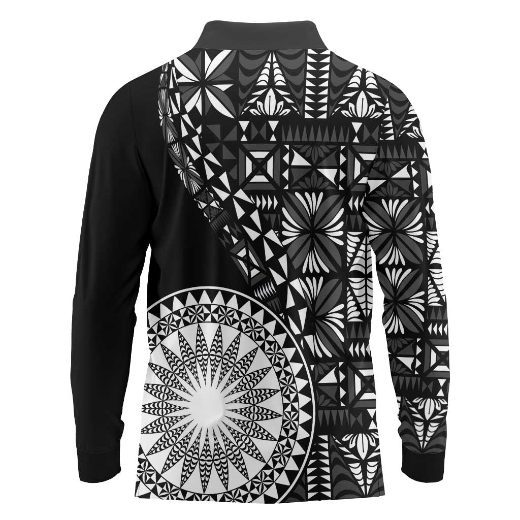 Black Tongan Ngatu Fonulei Pattern Long Sleeve Polo Shirt