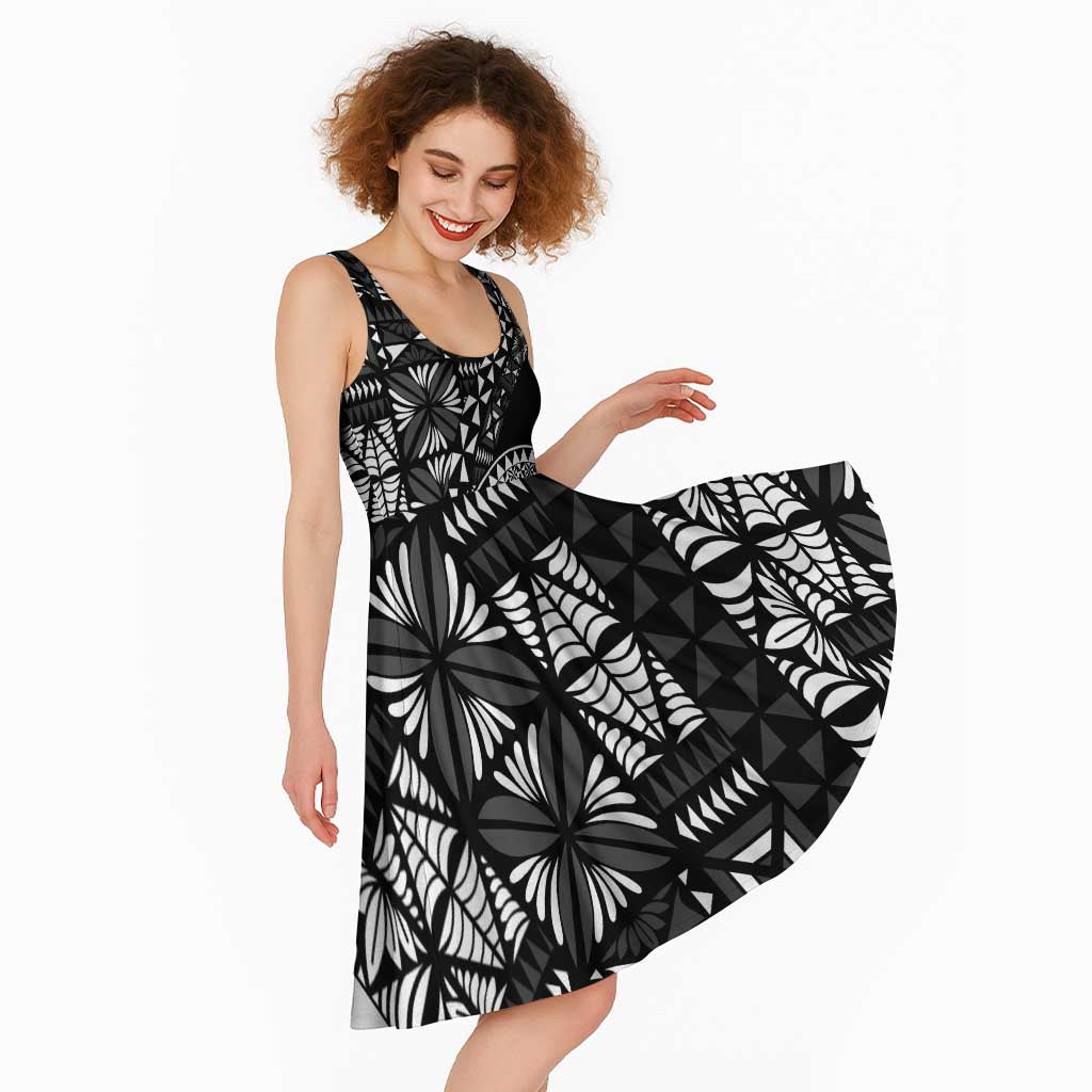 Black Tongan Ngatu Fonulei Pattern Midi Dress - Polynesian Pride