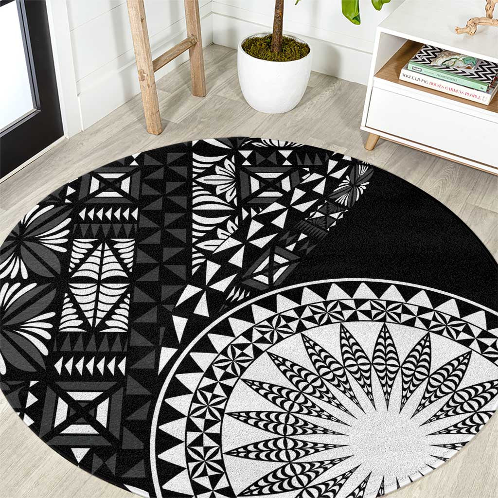 Black Tongan Ngatu Fonulei Pattern Round Carpet LT9 Black - Polynesian Pride