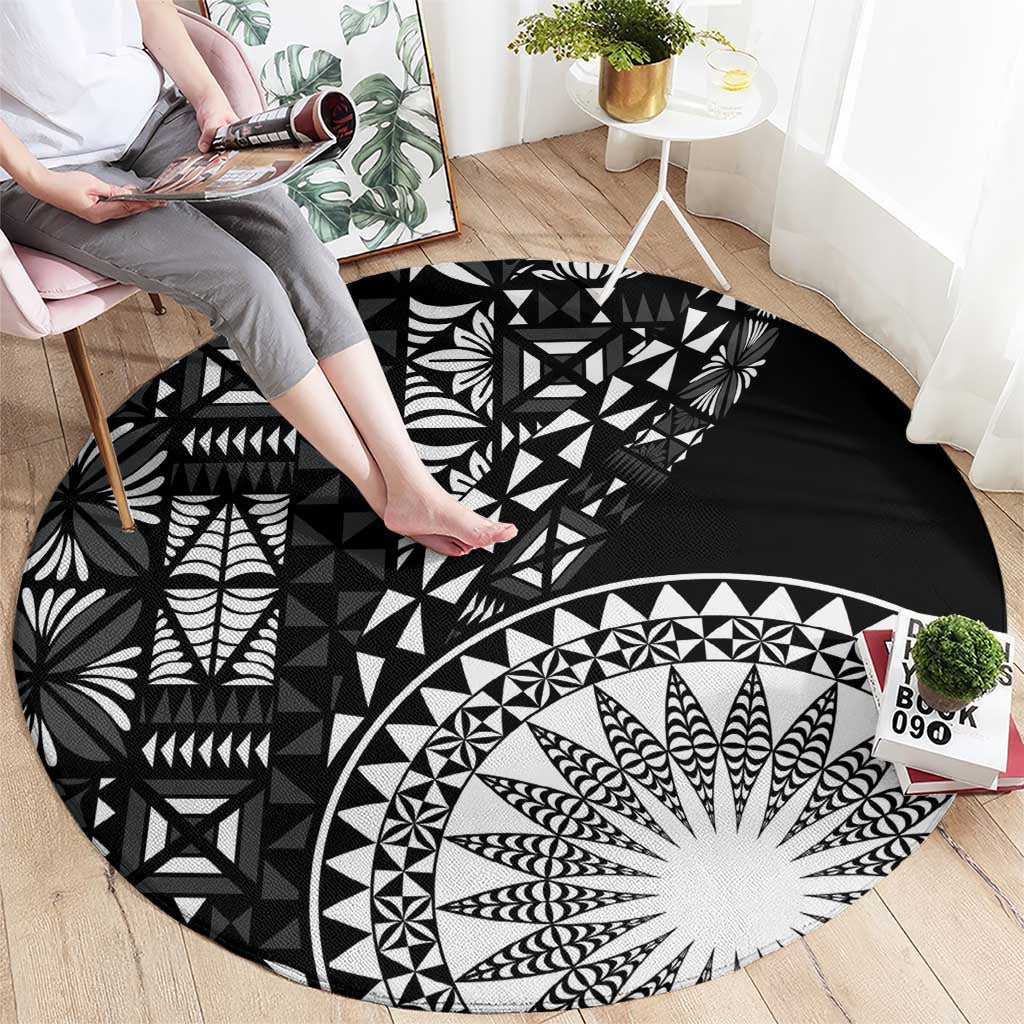 Black Tongan Ngatu Fonulei Pattern Round Carpet LT9 - Polynesian Pride