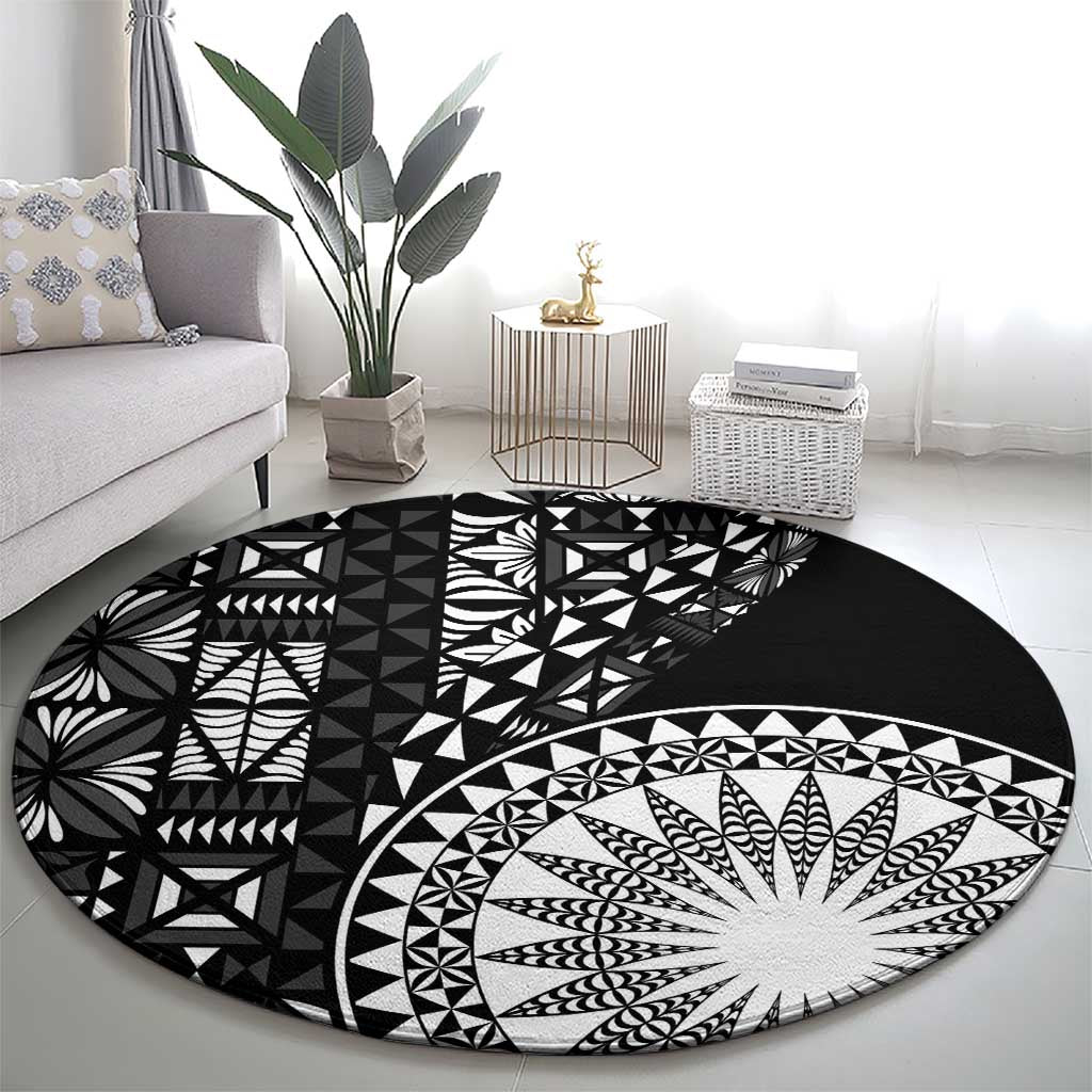 Black Tongan Ngatu Fonulei Pattern Round Carpet LT9 - Polynesian Pride