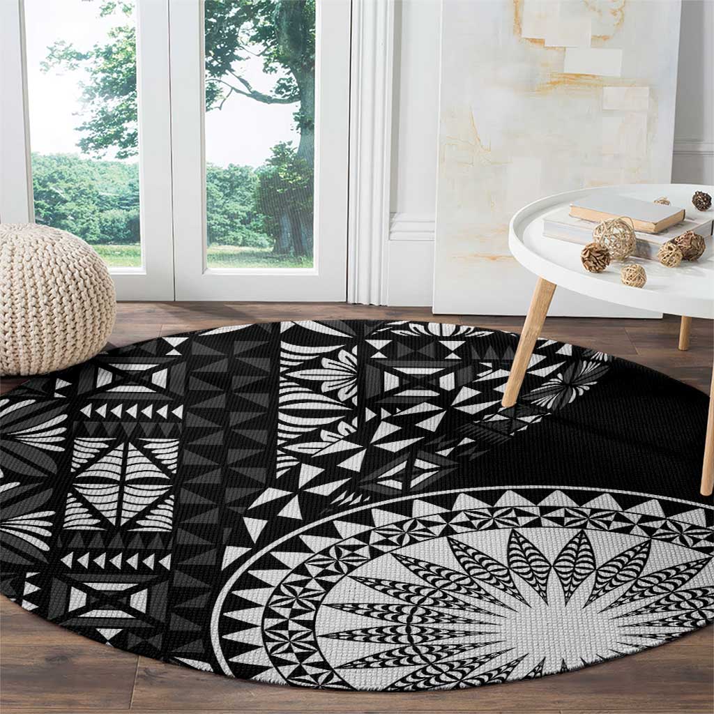 Black Tongan Ngatu Fonulei Pattern Round Carpet LT9 - Polynesian Pride