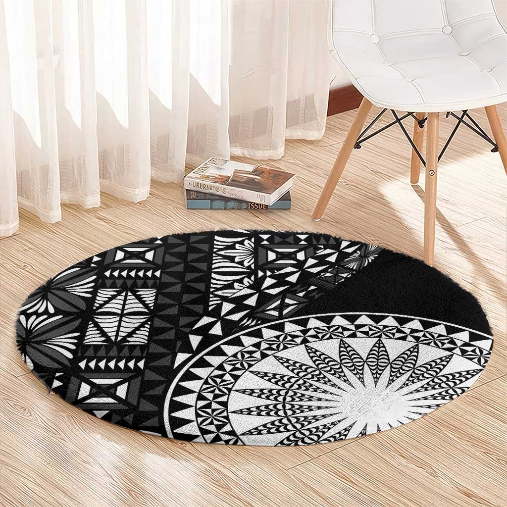 Black Tongan Ngatu Fonulei Pattern Round Carpet LT9 - Polynesian Pride