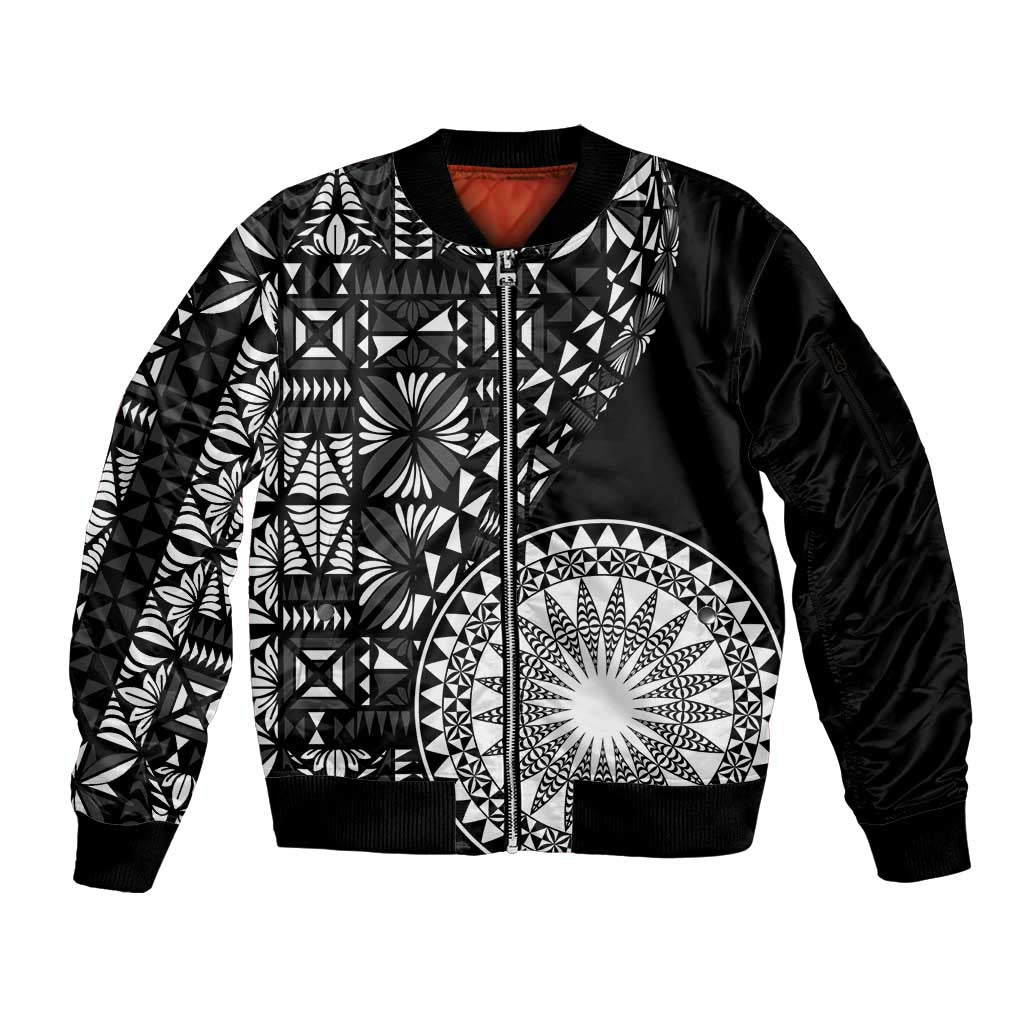 Black Tongan Ngatu Fonulei Pattern Sleeve Zip Bomber Jacket LT9 Unisex Black - Polynesian Pride